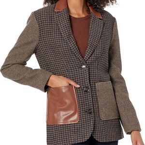 Steve Madden Kelly Plaid Academia Style Faux Leather Trim Blazer Jacket
